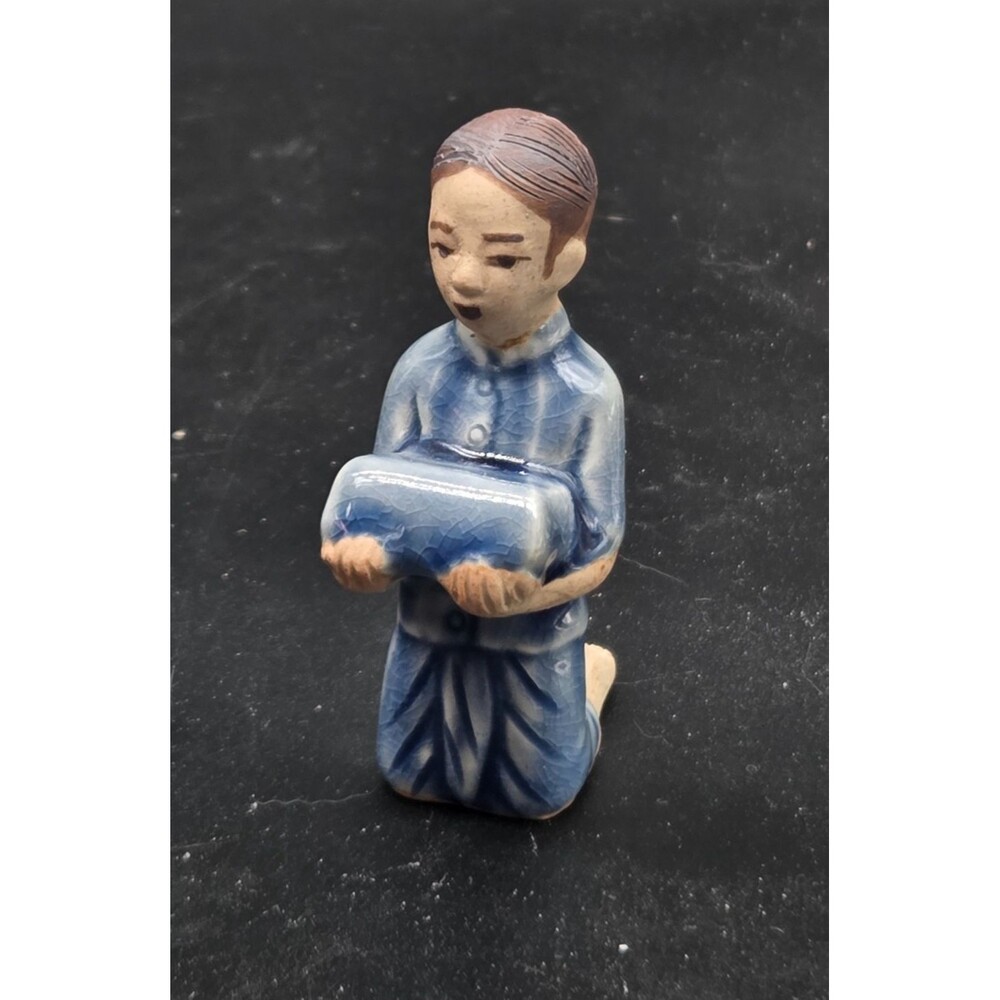 Vintage Ceramic Figurine Asian Boy Kneeling Offering a Gift Blue Unmarked